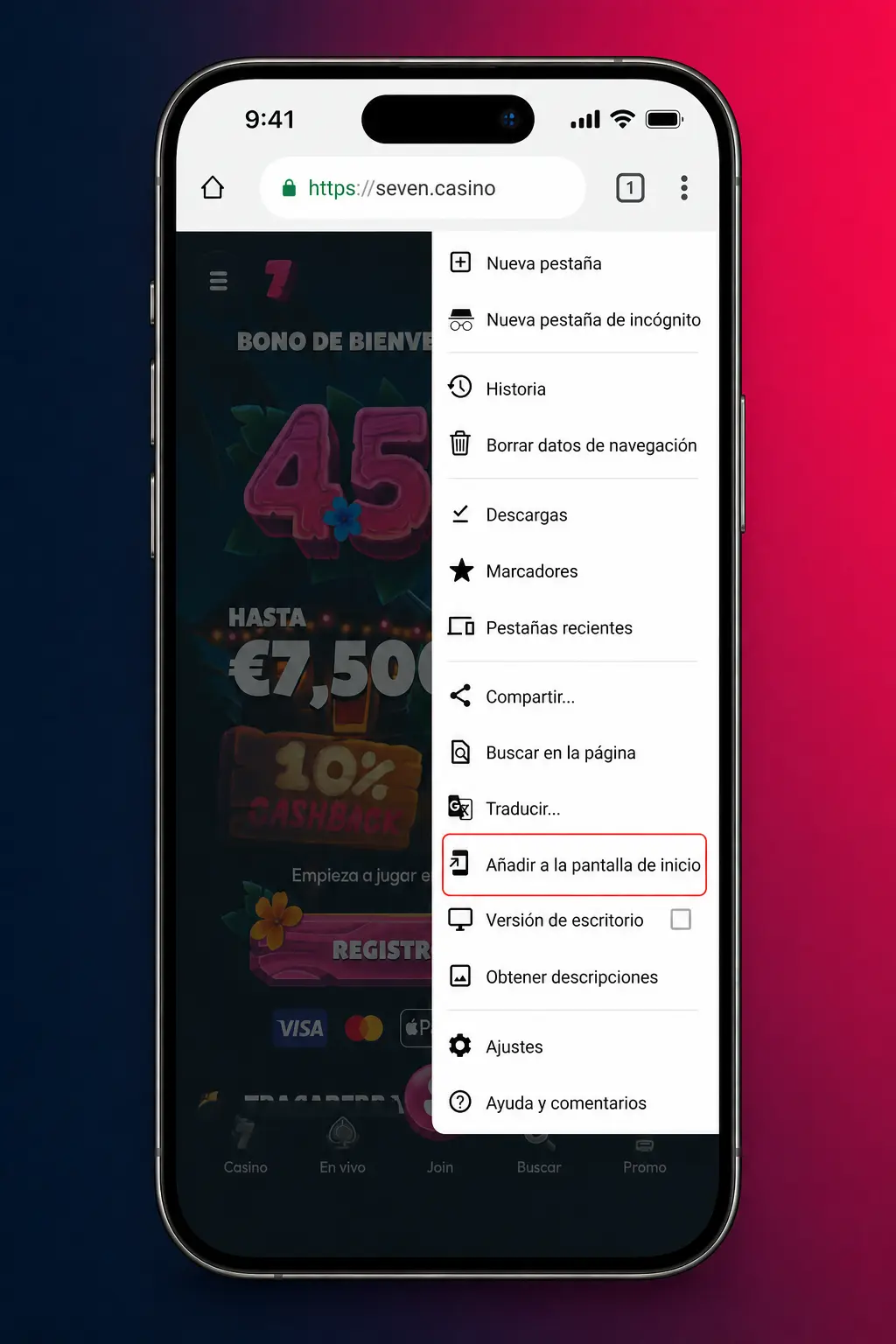 Pasos para descargar e instalar la app de Seven Casino en Android desde el navegador Chrome